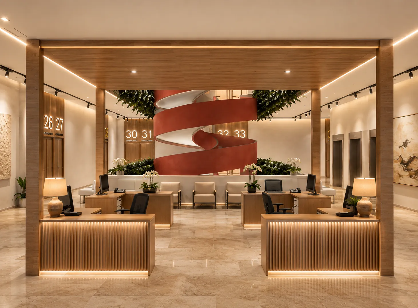 Render de la recepción de consultorios con escalera central y áreas de espera