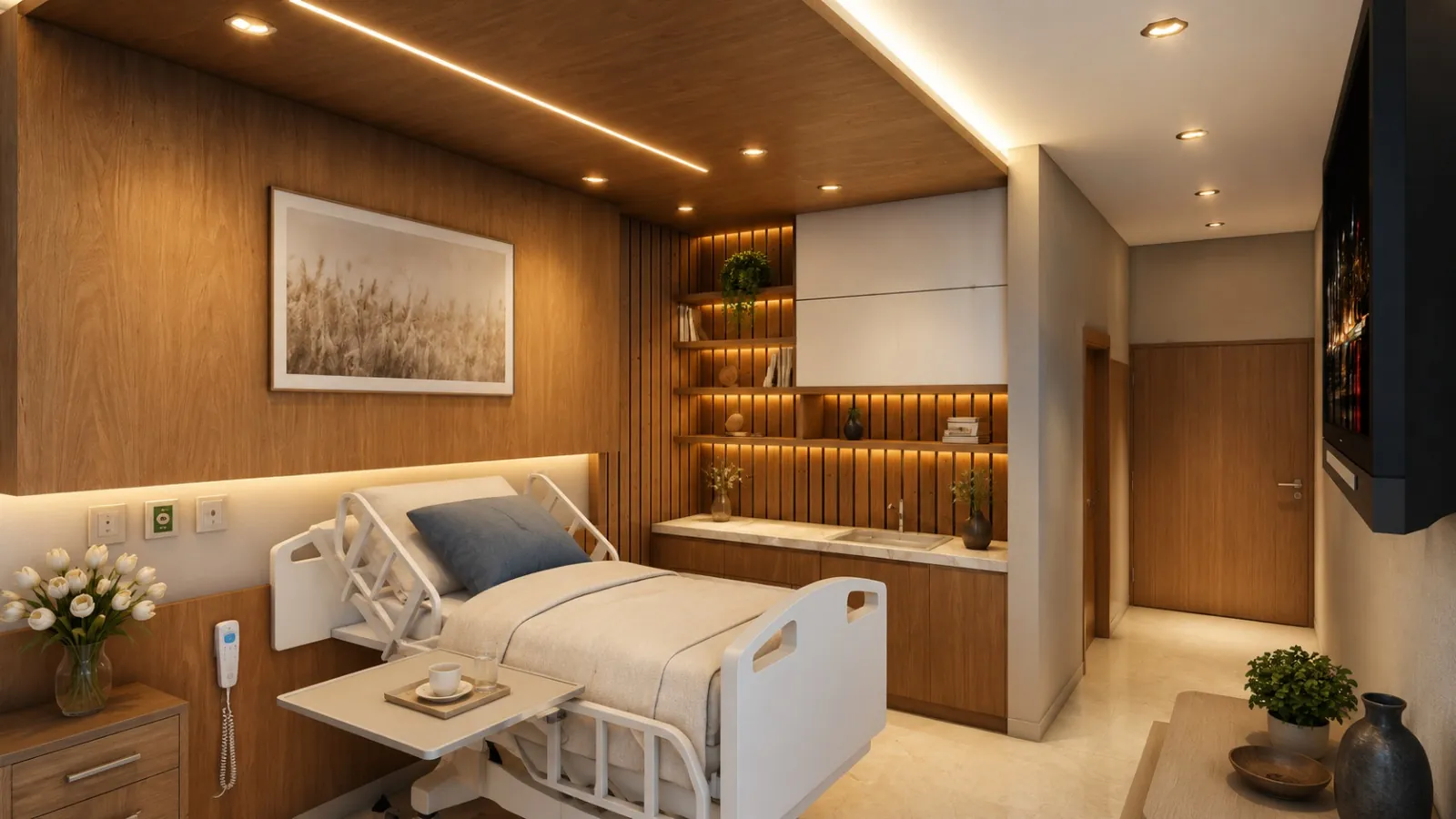 Render de la suite: cabecera y mobiliario en madera con iluminación indirecta