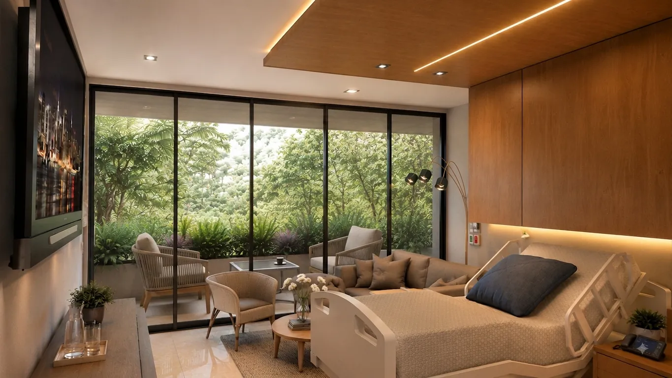 Render de la suite: cama hospitalaria, sofá y ventanal hacia una terraza