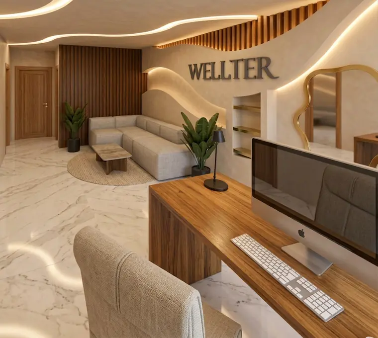 Render de la recepción del consultorio tipo 3