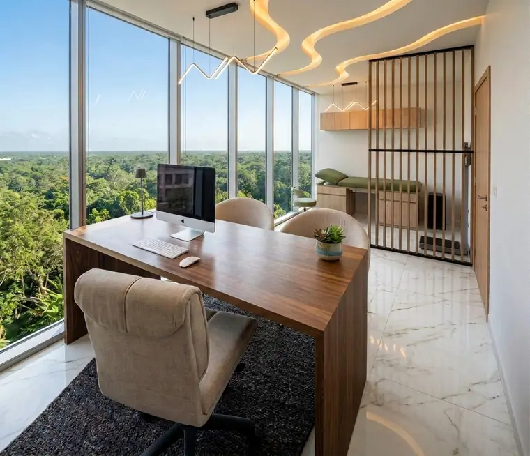 Render del consultorio tipo 3 con escritorio frente a ventanales y vista a la vegetación