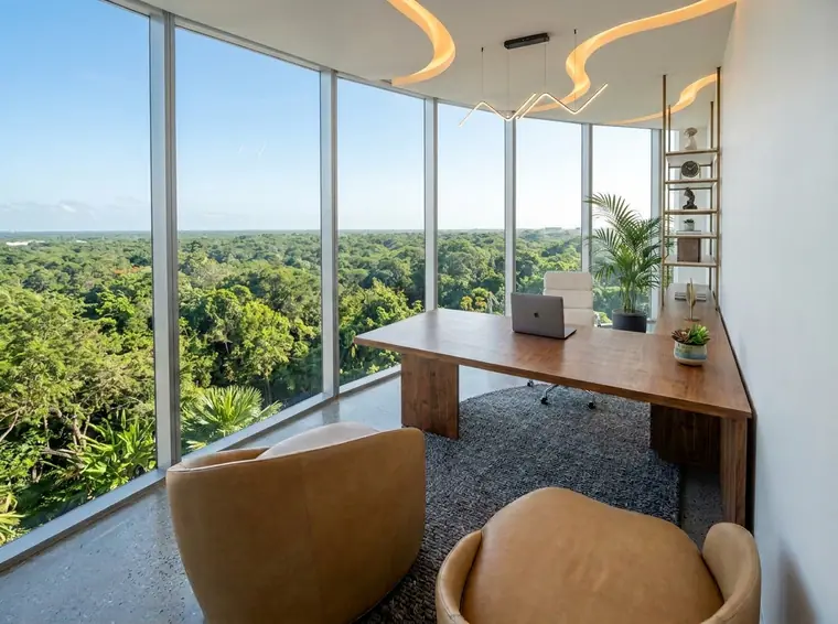 Render del área de consulta del consultorio tipo 3 con vista panorámica
