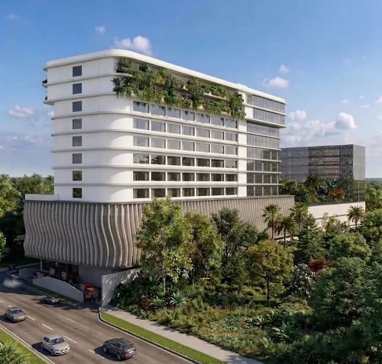 Render de la fachada norte de Wellter rodeada de vegetación