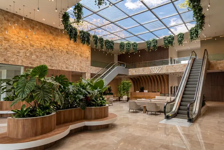 Render de la recepción de Wellter desde las jardineras centrales