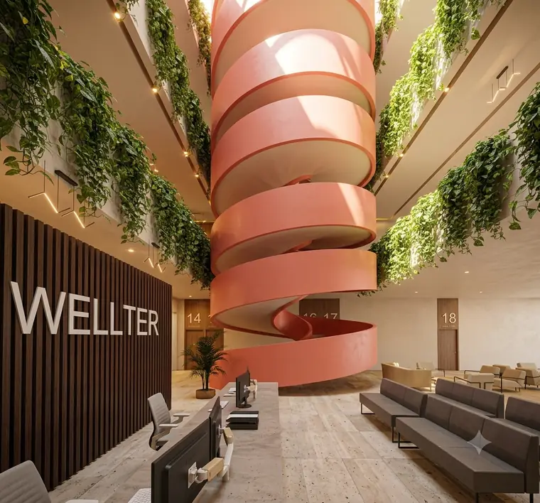 Render del vestíbulo de consultorios con escalera helicoidal y jardines verticales