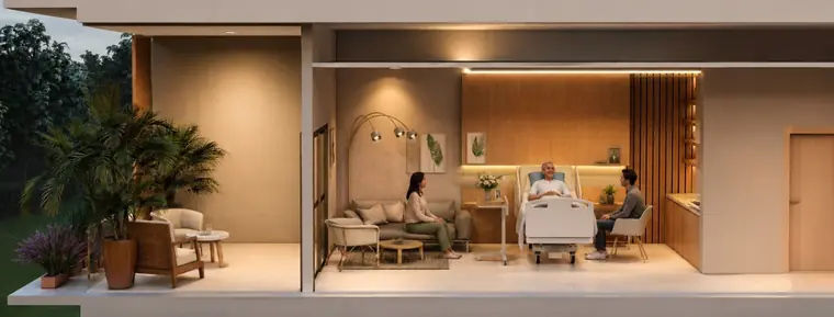 Corte de la suite con terraza, área del acompañante y cama del paciente