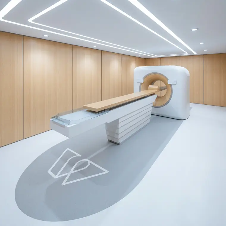 Render de la sala de tomografía con acabados en madera